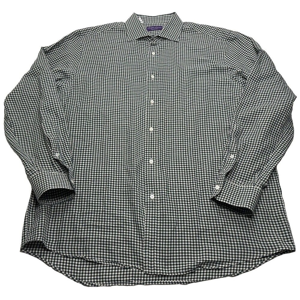 Polo Ralph Lauren Purple Label Gingham Check Button Down Shirt Size 17.5 Green